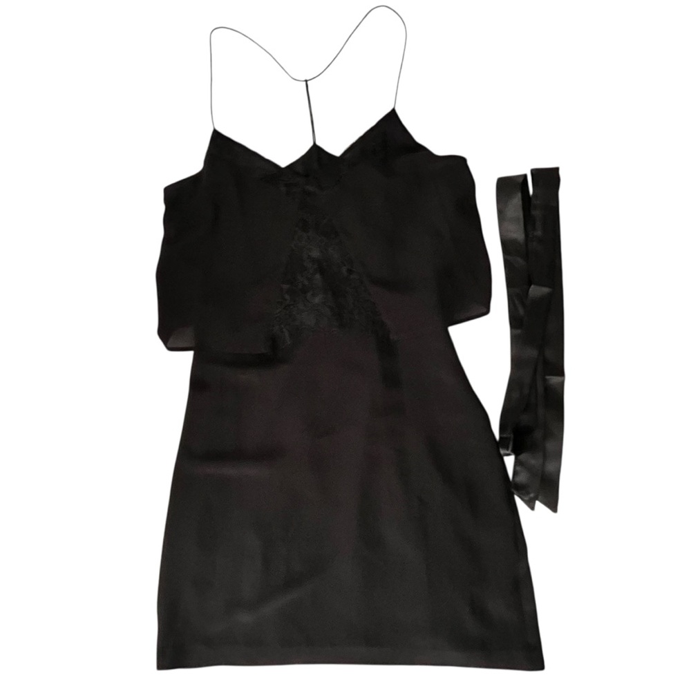 Milly Black Silk Slip Dress Lace Inset Size 4 Belted Minimalist Chic Cocktail